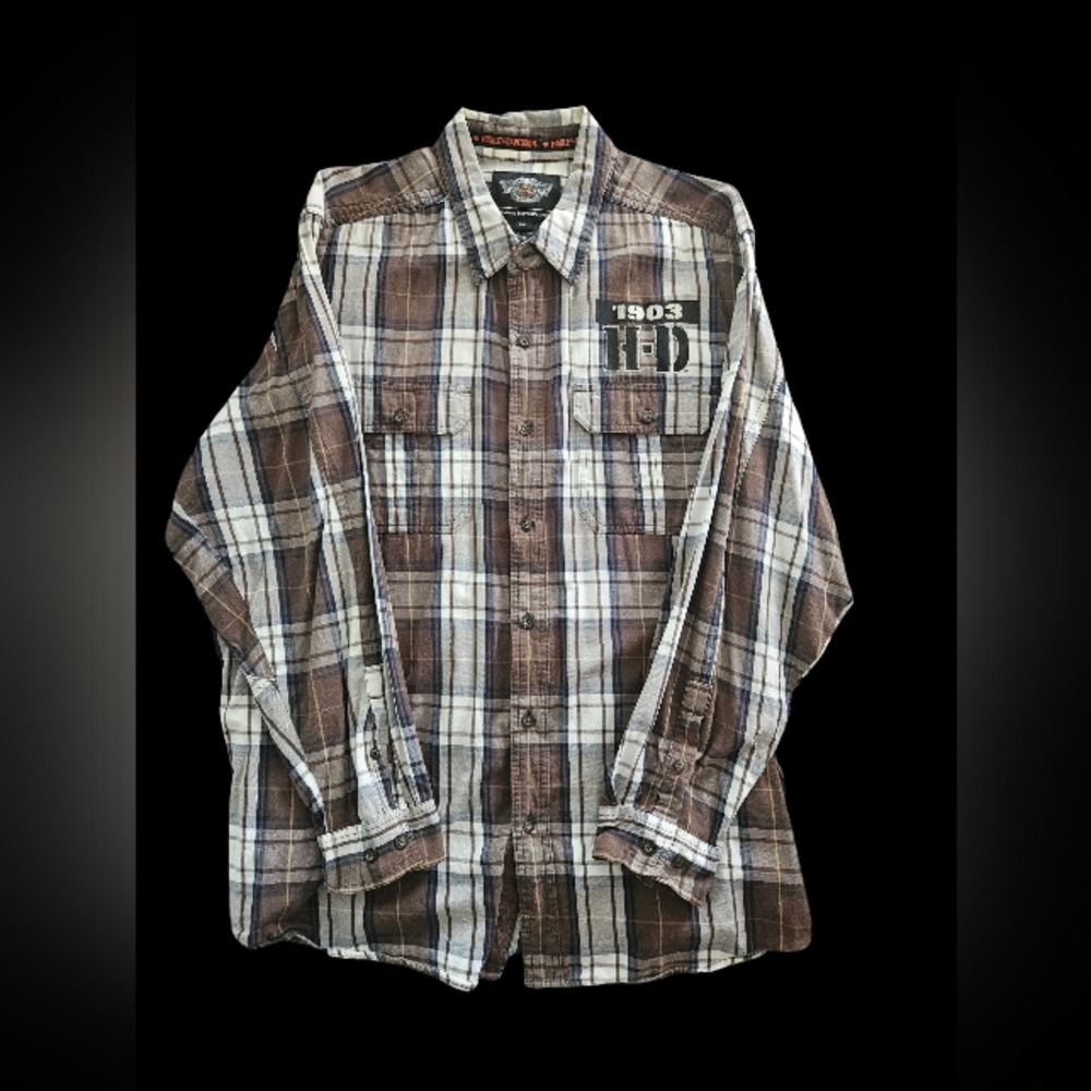 Harley-Davidson Brown Cream Plaid Long-Sleeve Button-Down Shirt